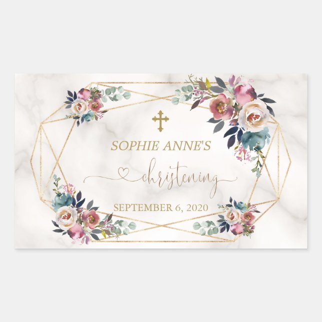 Dusty Blue Misty Rose Flowers Gold Christening Rectangular Sticker (Front)