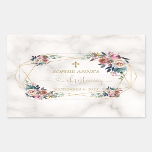 Dusty Blue Misty Rose Flowers Gold Christening Rectangular Sticker