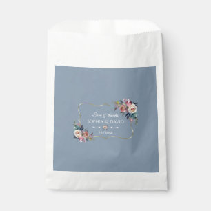 Dusty Blue Misty Rose Flowers Gold Wedding Favour Bags