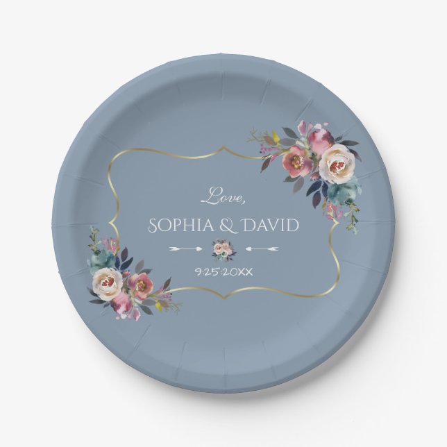 Dusty Blue Misty Rose Flowers Gold Wedding Paper Plate (Front)