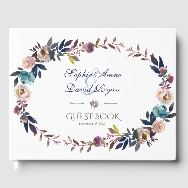 Dusty Blue Misty Rose Wreath Wedding Guest Book (Front)