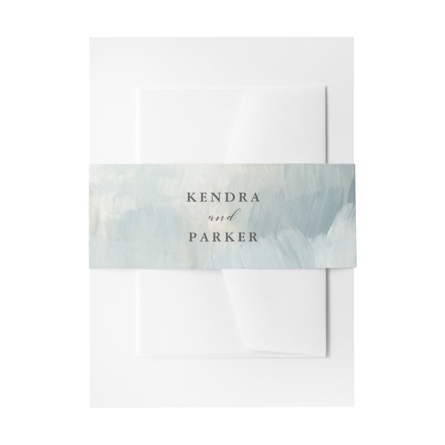 Dusty Blue Modern Abstract Brushstrokes Wedding Invitation Belly Band (Front Example)
