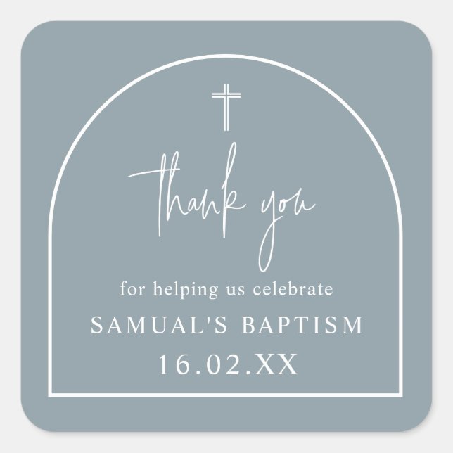 Dusty Blue Modern Arch Minimalist Baptism   Square Square Sticker (Front)