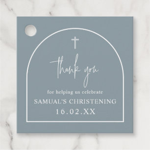 Dusty Blue Modern Arch Minimalist Christening Favour Tags