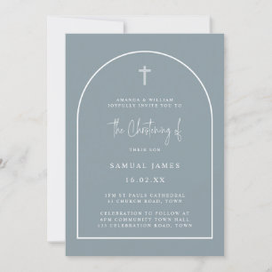Dusty Blue Modern Arch Script Minimal Christening Invitation