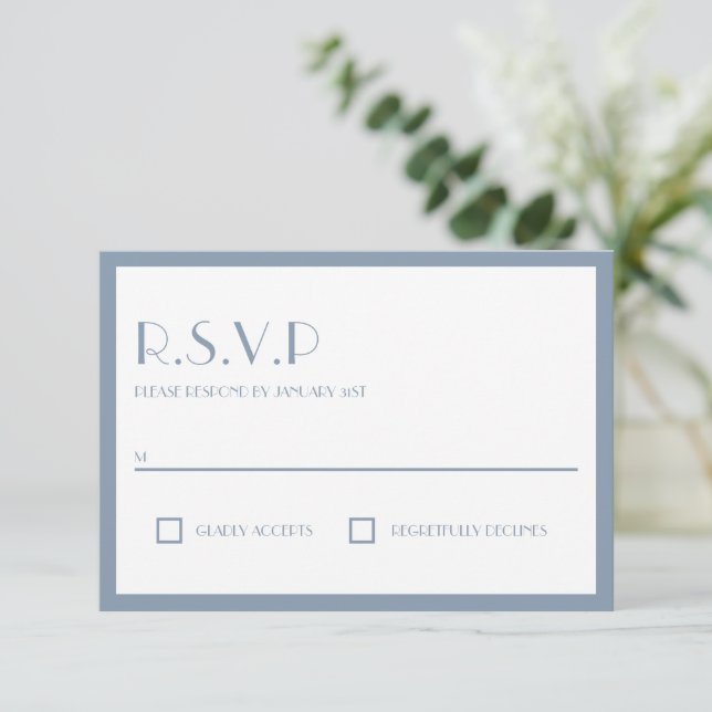 Dusty Blue Modern Art Deco Wedding RSVP Card (Standing Front)