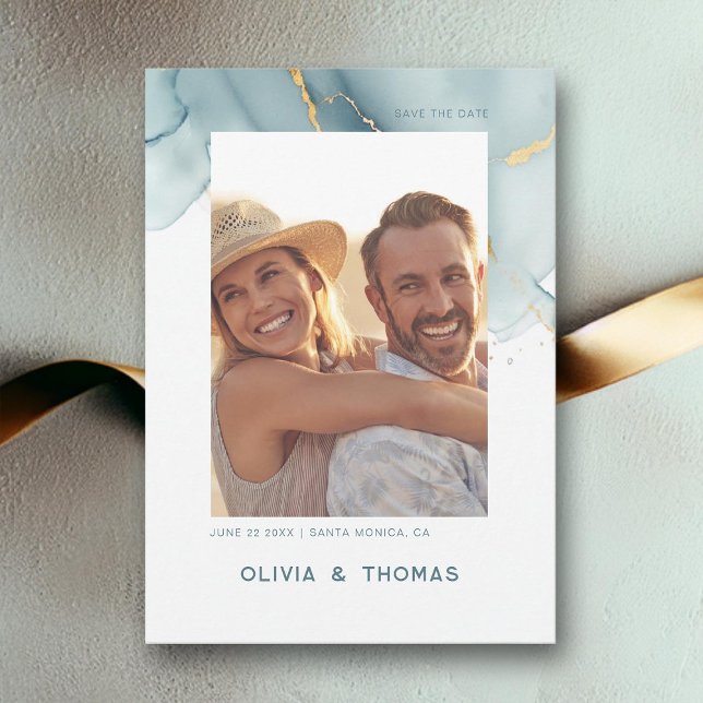 Dusty Blue Modern Beach Wedding Photo Save Date Invitation (dusty blue photo save the date gold beach waves elegant bohemian modern romantic summer all seasons)