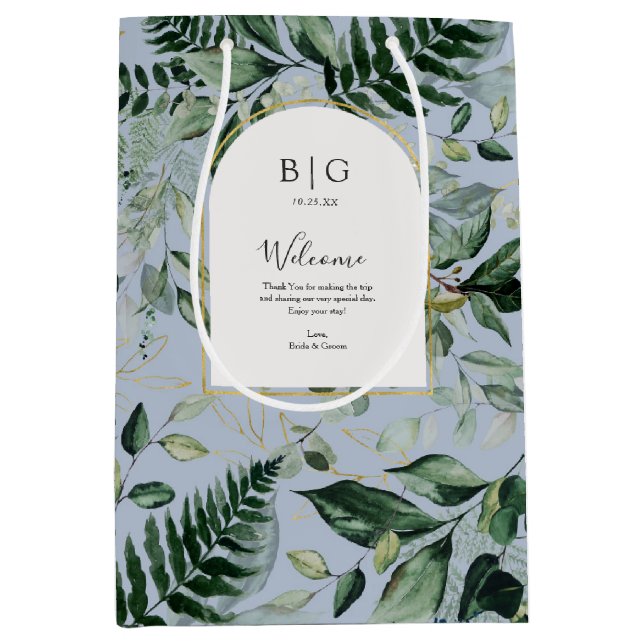 Dusty blue modern Botanic greenery wedding welcome Medium Gift Bag (Front)