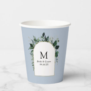 Dusty Blue Modern Botanical monogrammed wedding Paper Cups