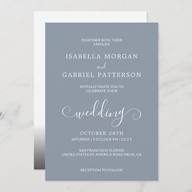 Dusty Blue Modern Calligraphy Script Photo Wedding Invitation (Front/Back)