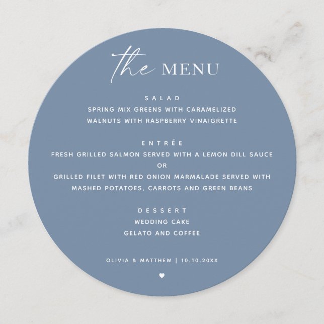 Dusty Blue Modern Coastal Wedding | Formal Round Menu (Front)