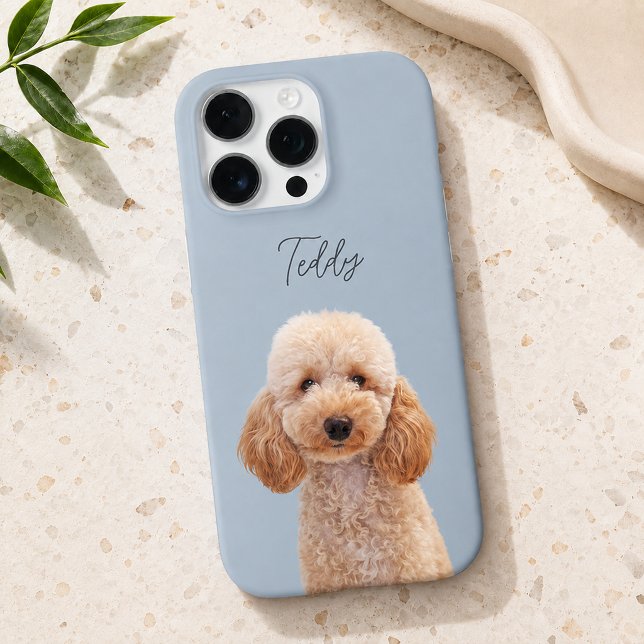Dusty Blue Modern Dog Photo and Script Pet Name iPhone Case (Creator Uploaded)