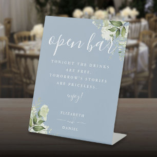 Dusty Blue Modern Elegant Greenery Floral Open Bar Pedestal Sign