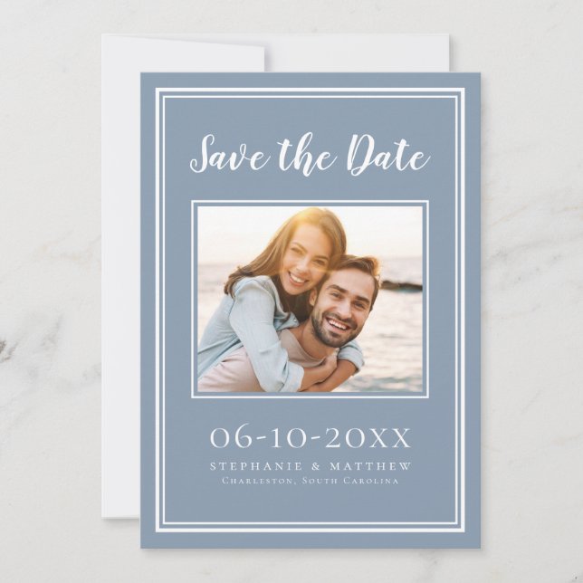 Dusty Blue Modern Elegant Photo Save The Date (Front)