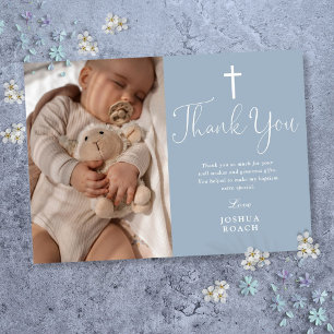 Dusty Blue Modern Elegant Script Baptism Thank You Card