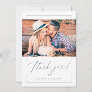 Dusty blue modern elegant script photo wedding thank you card