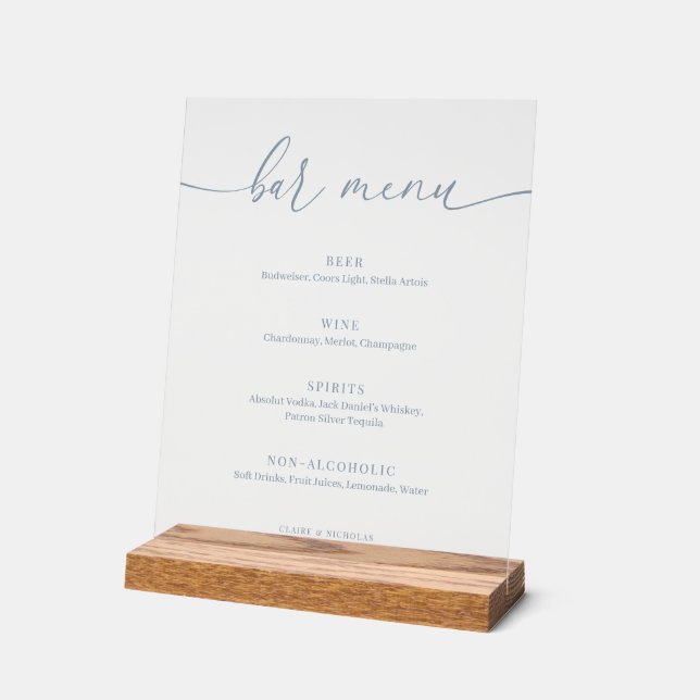 Dusty Blue Modern Elegant Wedding Bar Menu Acrylic Sign (Angle)