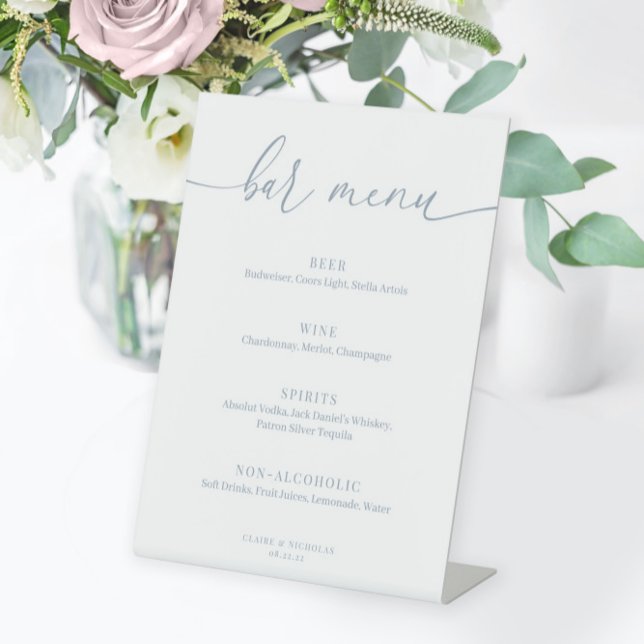 Dusty Blue Modern Elegant Wedding Bar Menu Pedestal Sign (Creator Uploaded)