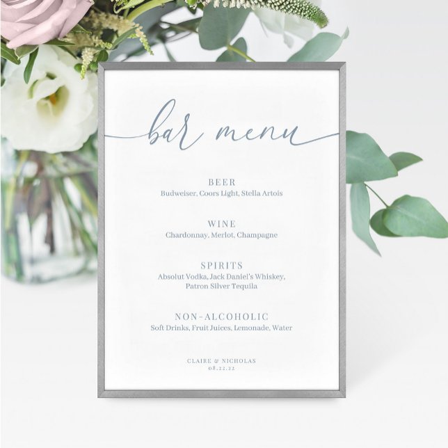 Dusty Blue Modern Elegant Wedding Bar Menu Sign (Creator Uploaded)