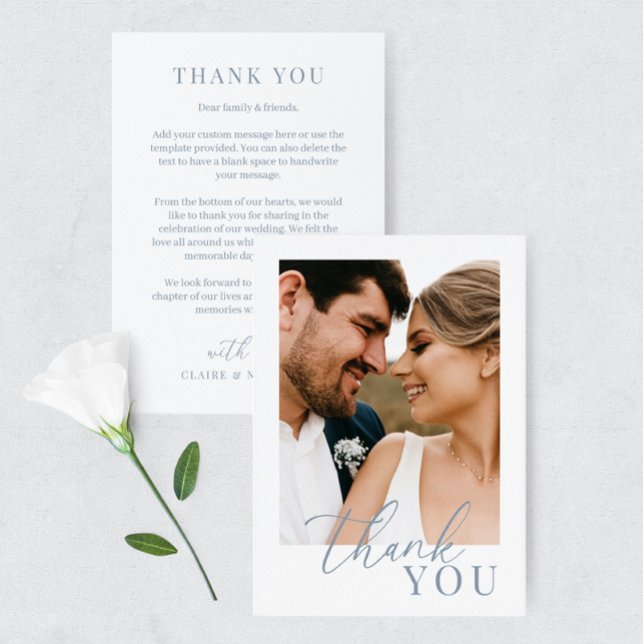 Dusty Blue Modern Elegant Wedding Photo Thank You Card (Creator Uploaded)