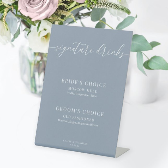 Dusty Blue Modern Elegant Wedding Signature Drinks Pedestal Sign (Creator Uploaded)