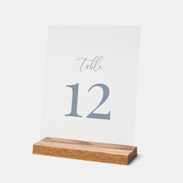 Dusty Blue Modern Elegant Wedding Table Number Acrylic Sign (Angle)