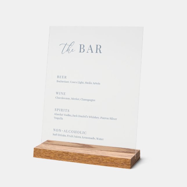 Dusty Blue Modern Elegant Wedding The Bar Menu Acrylic Sign (Angle)
