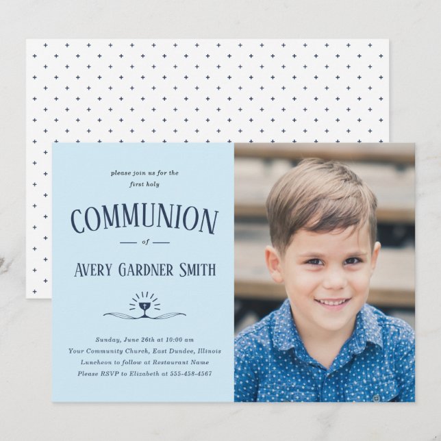 Dusty Blue Modern First Holy Communion Boy Photo  Invitation (Front/Back)