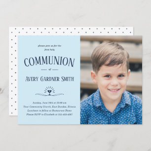 Dusty Blue Modern First Holy Communion Boy Photo  Invitation