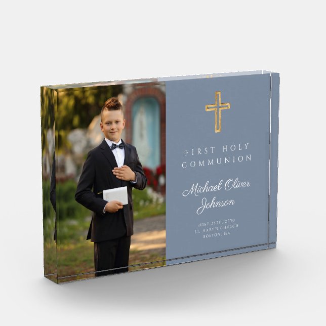 Dusty Blue Modern First Holy Communion Boy Picture Photo Block (Left)