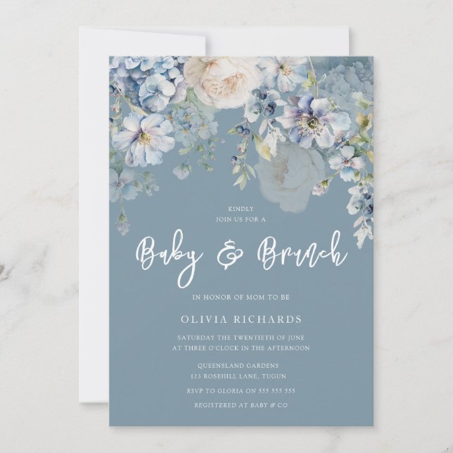 Dusty Blue Modern Floral Baby Shower Brunch Invitation (Front)