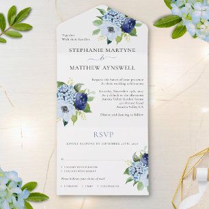Dusty Blue Modern Floral Botanical Wedding All In One Invitation