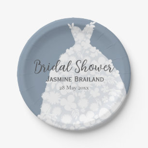 Dusty Blue Modern Floral Gown Bridal Shower Paper Plate