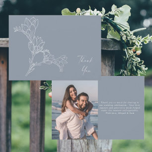 Dusty Blue Modern Floral Photo Wedding Thank You Card