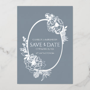 Dusty Blue Modern Floral Sketch Oval Save the Date