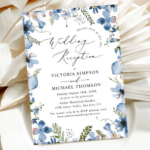 Dusty Blue Modern Floral Wedding Reception Invitation