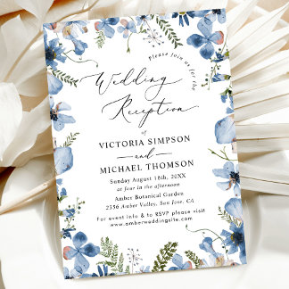 Dusty Blue Modern Floral Wedding Reception Invitation