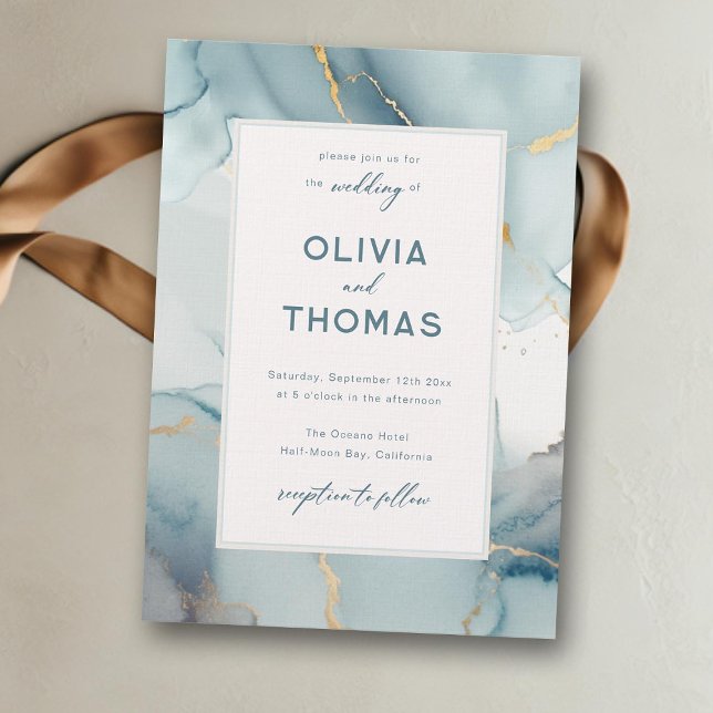 Dusty Blue Modern Frame Elegant Teal Beach Wedding Invitation (dusty blue beach wedding invitation gold waves modern frame elegant bohemian romantic calligraphy )