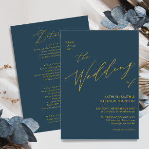 Dusty Blue Modern Gold Script All In One Wedding Invitation