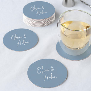 Dusty Blue Modern Handwritten Script Wedding Round Paper Coaster