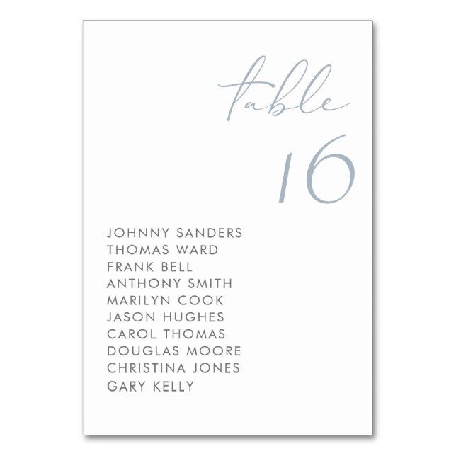 Dusty Blue Modern Handwritten Script Wedding Table Number (Front)