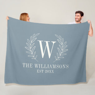 Dusty Blue Modern Laurel Leaf Monogram Fleece Blanket