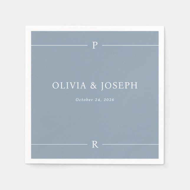 Dusty Blue | Modern Lines and Monogram Wedding Napkin (Front)