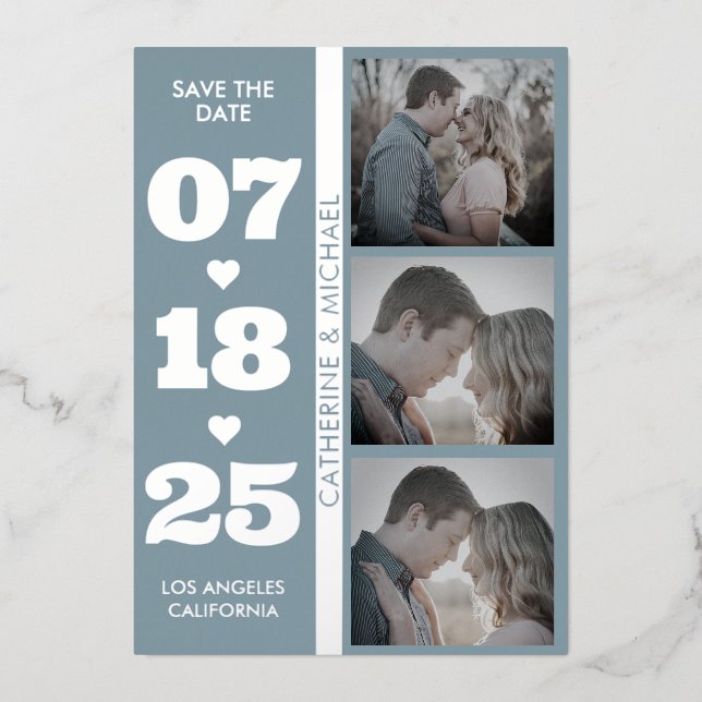 Dusty Blue Modern Minimalist Bold Date Three Photo (Front)