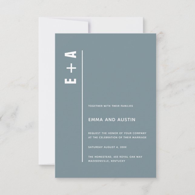 Dusty Blue Modern Minimalist Bold Initials Wedding Invitation (Front)