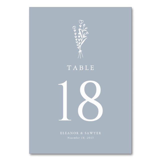 Dusty Blue Modern Minimalist Bouquet Wedding Table Number (Front)