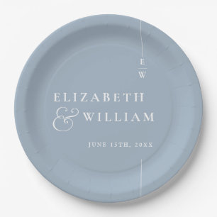 Dusty Blue Modern Minimalist Monogram Wedding Paper Plate