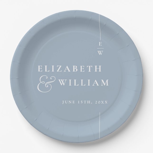 Dusty Blue Modern Minimalist Monogram Wedding Paper Plate (Front)
