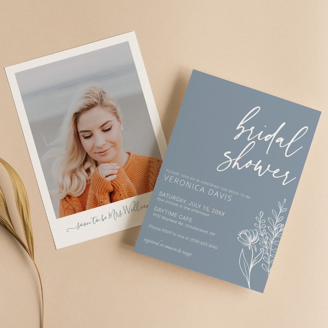 Dusty Blue Modern Minimalist Photo Bridal Shower Invitation (Creator Uploaded)
