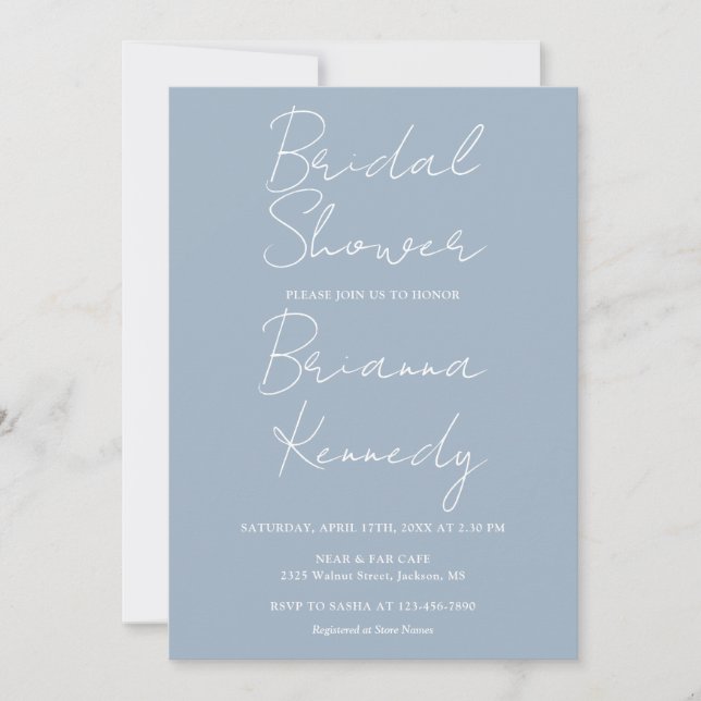 Dusty Blue Modern Minimalist Script Bridal Shower Invitation (Front)